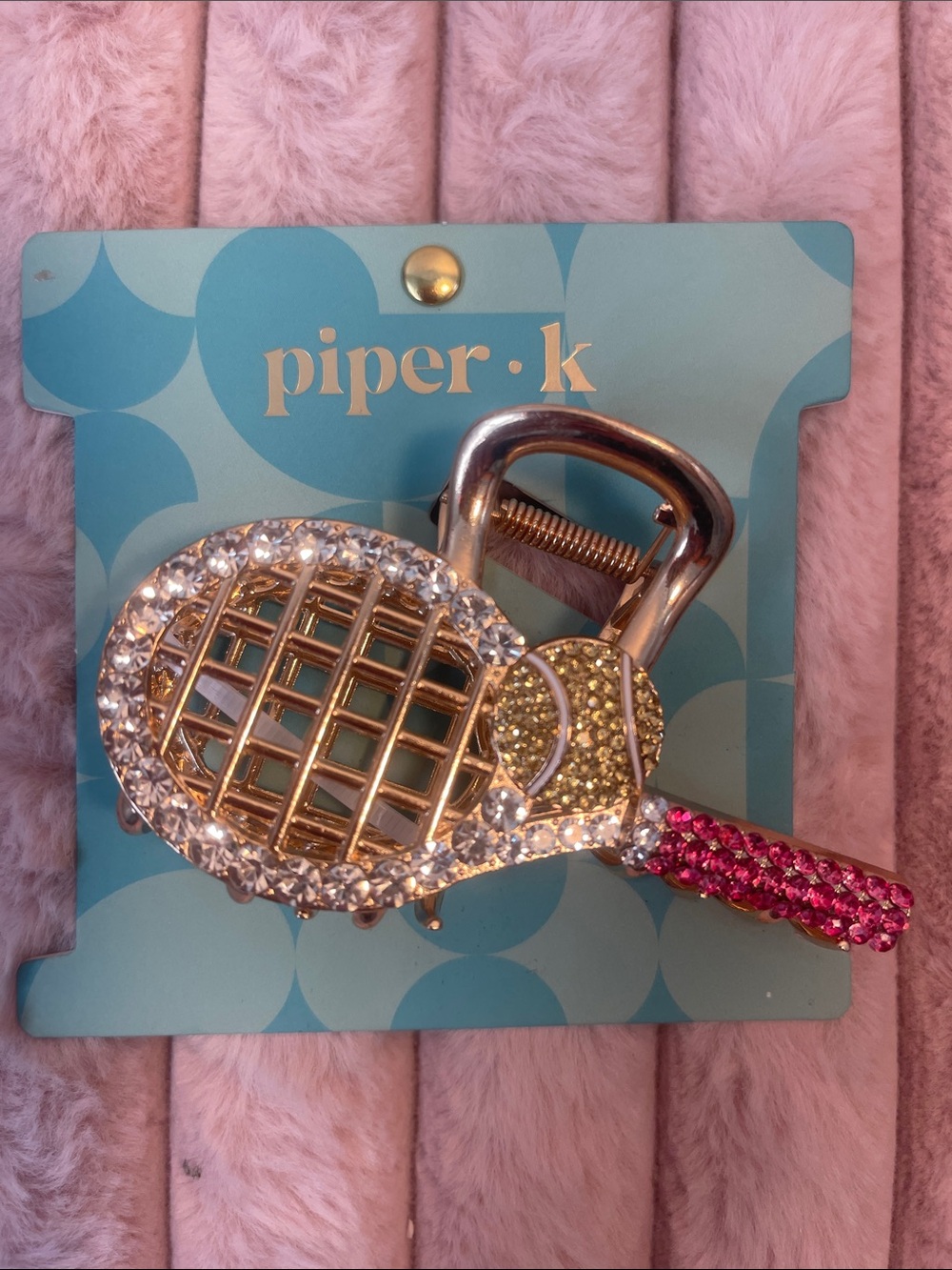 NWT Piper Gold 🎾💕 Tennis Racket Hair Clip with Clear, Pink & Yellow Crystals